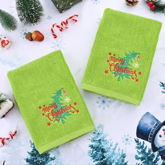 Ikfashoni 2 pack Green Christmas Hand Towel for Bathroom, Embroidered Christmas Tree Scroll Cotton Towels