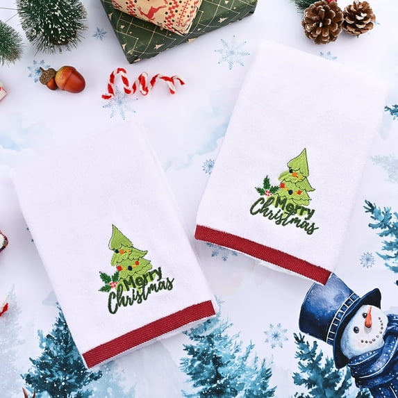 Ikfashoni 2 pack White Christmas Hand Towels, Embroidered Christmas Tree Red Scroll Cotton Towels