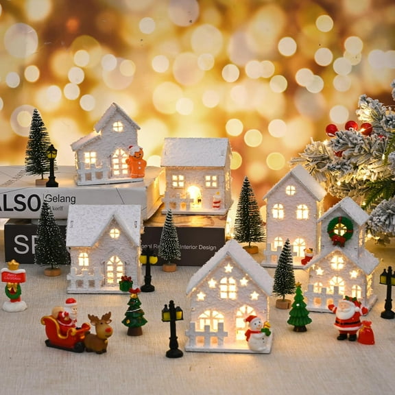 Ikfashoni 31 Pcs Wood Christmas Village Set, 6 LED Snow Houses with Christmas Tree and Scenes Decor