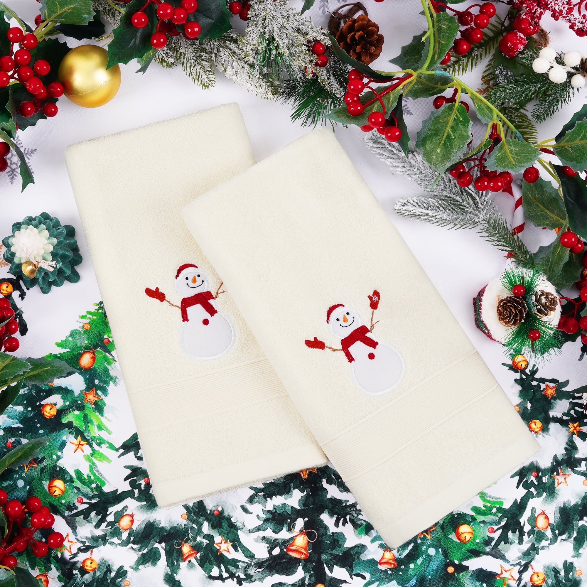 Ikfashoni 2 Pack Christmas Hand Towel for Bathroom Embroidered Snowman White Scroll Cotton Towels Walmart