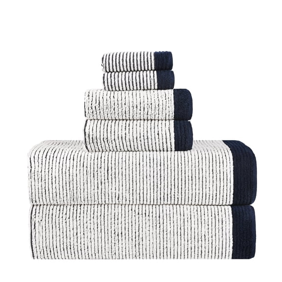 Ikfashoni 6Pcs Navy Blue Stripe Bath Towel Sets,100% Cotton Bath Towels,2 Bathroom Towels, 2 Hand Towels, 2 Washcloths