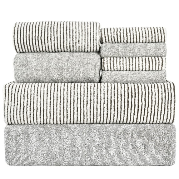 Ikfashoni 8Pcs Solid and Stripe Bath Towel Sets,Microfiber Fleece Plush Towels,2 Bathroom Towels, 2 Hand Towels, 4 Washcloths