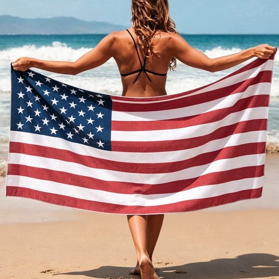Ikfashoni American Flag Beach Towel and Hand Towel Set, 2 Pcs Patriotic USA Flag Decor