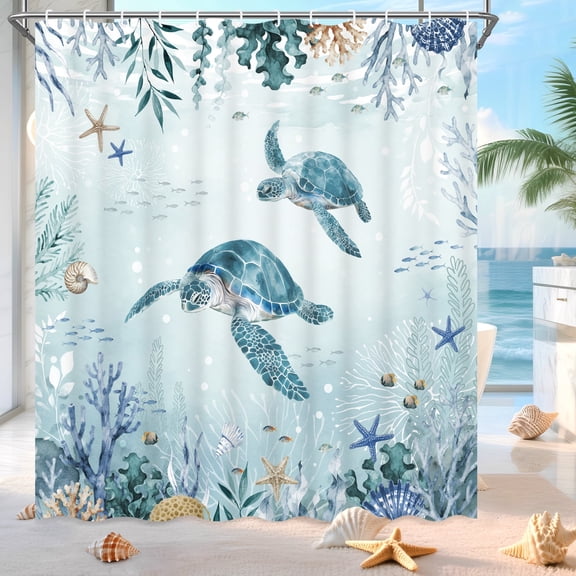 Ikfashoni Ocean Shower Curtain with Hooks,13pc Turtle Waterproof Fabric Bathroom Curtain, 72"X72"