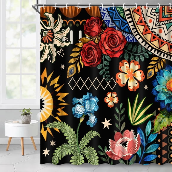 Ikfashoni Black Boho Shower Curtain with Hooks,13pc Rose Waterproof Fabric Bathroom Curtain, 72"X72"