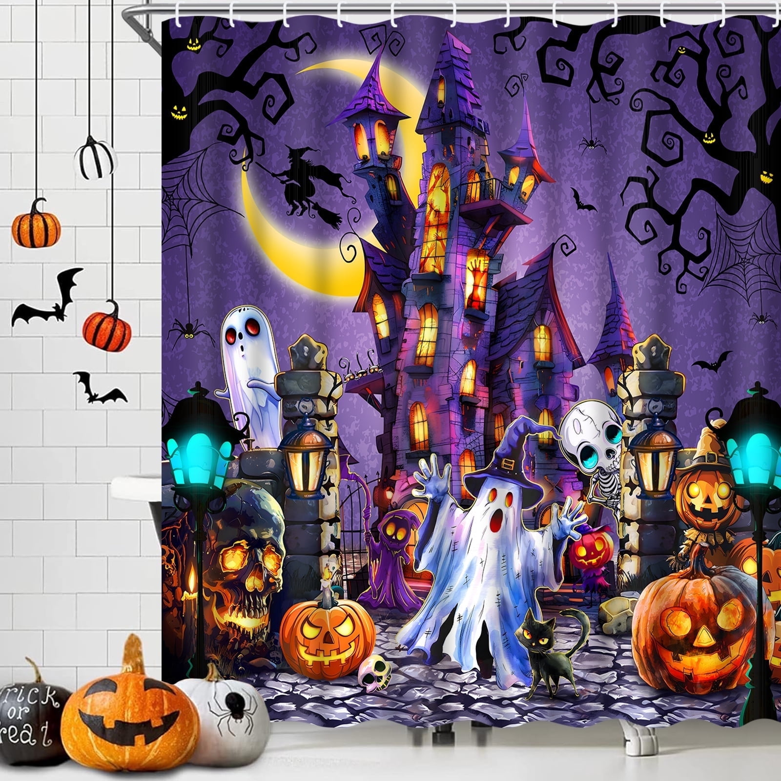 Halloween Shower Curtain Set - 72x72 Inch, Black Fabric With Ghosts, Grave, Castle, Pumpkin Design - View #3