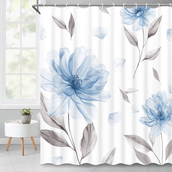 Ikfashoni Blue Flower Shower Curtain with Hooks,13pc Watercolor Waterproof Fabric Bathroom Curtain, 72"X72"