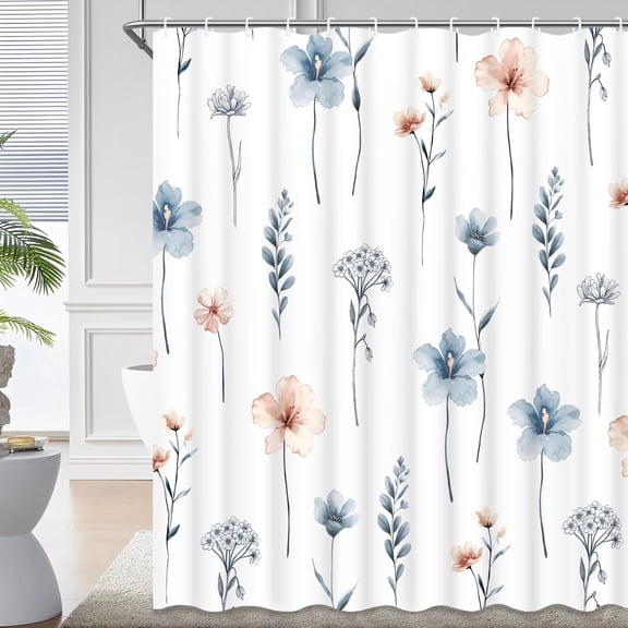 Ikfashoni Blue Flowers Shower Curtain with Hooks,13pc Waterproof Fabric Bathroom Curtain, 72"X72"