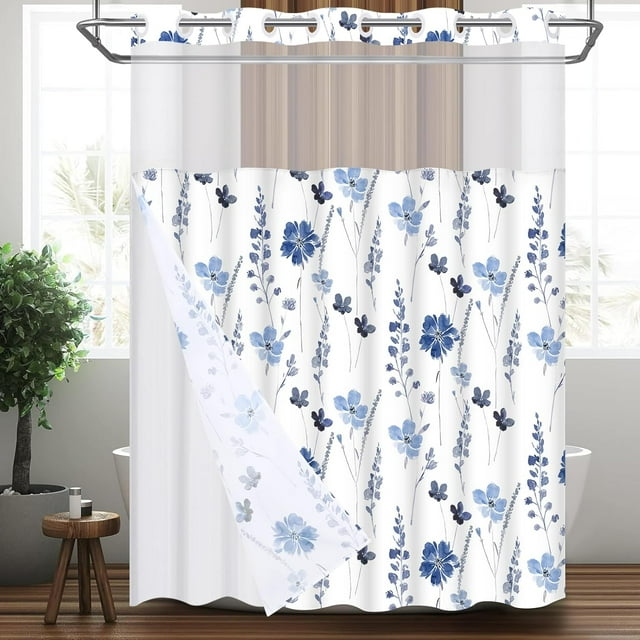 Ikfashoni Blue Hookless Shower Curtain with Snap in Liner, Floral Hotel