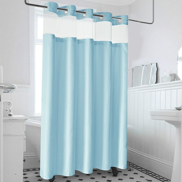 Ikfashoni Blue Hookless Shower Curtain with Snap in Liner,Waffle Weave