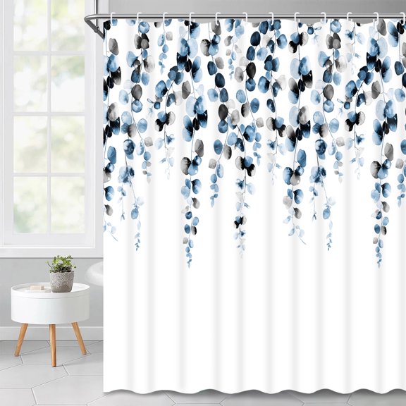 Ikfashoni Blue Leaves Shower Curtain with Hooks,13pc Waterproof Fabric Bath Curtain, 72"X72"