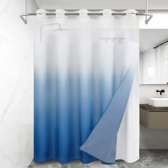 Ikfashoni Blue Ombre Hookless Shower Curtain with Snap in Liner, Waterproof Fabric Mesh Window Bath Curtain, 71"X74"