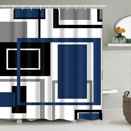 Ikfashoni Blue Shower Curtain, 13pc Navy Geometric Waterproof Fabric Bathroom Curtain, 72"X72"