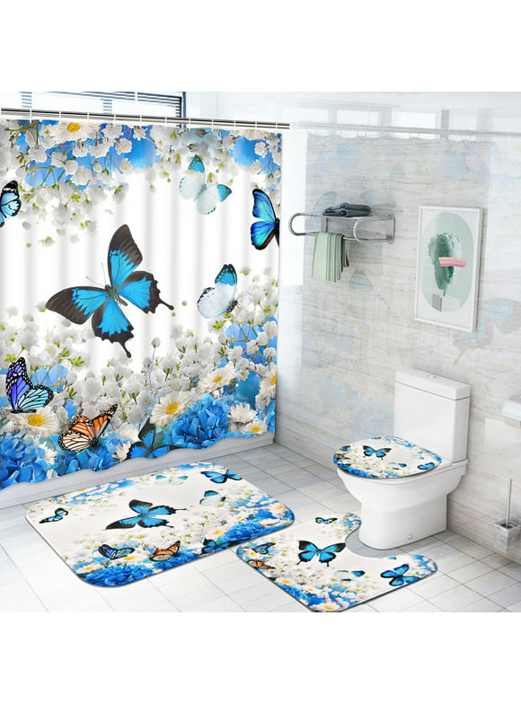 Ikfashoni Butterfly Shower Curtain Set, Blue Floral Bathroom Set with Bath Rug