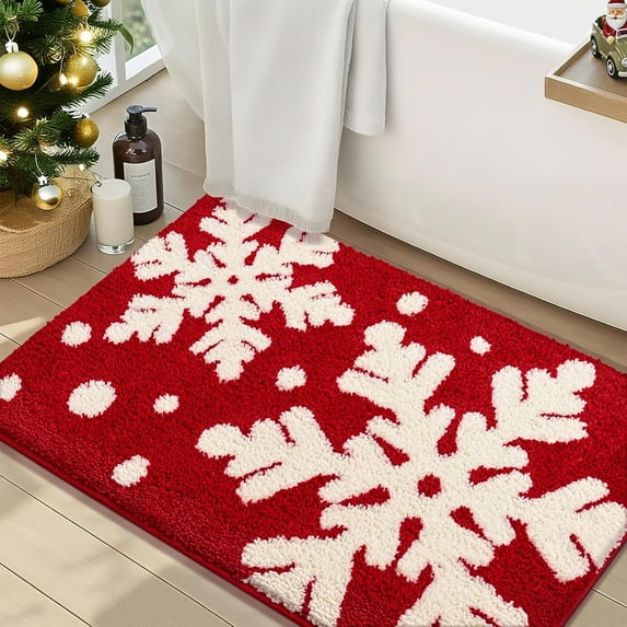 Ikfashoni Christmas Bathroom Rug,Red Snowflake Bath Mat,Extra Soft Fluffy Absorbent Non-slip Bath Rug,20"x31"