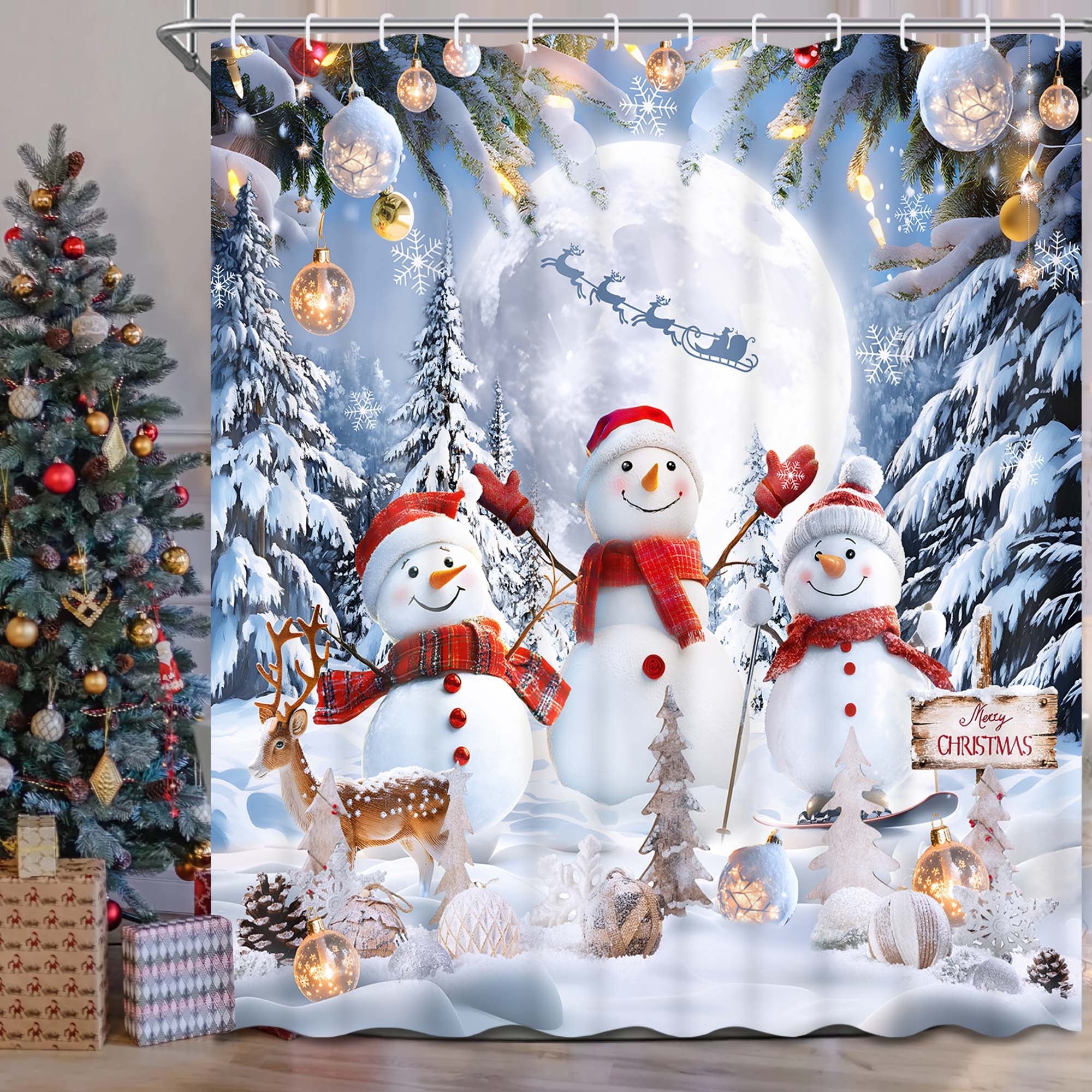 Ikfashoni Christmas Shower Curtain with Hooks,Snowman Waterproof Fabric