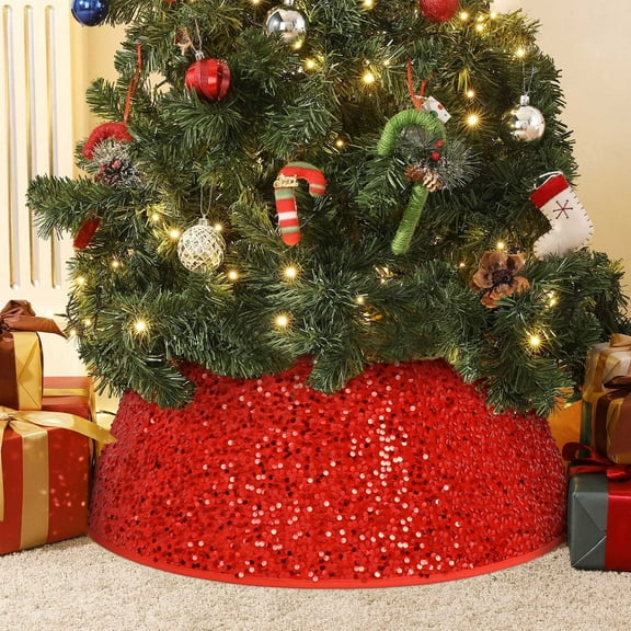 Ikfashoni Christmas Tree Collar, 28" Red Glitter Christmas Tree Skirt, Christmas Tree Base Cover Box Stand