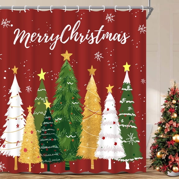 Ikfashoni Christmas Tree Shower Curtain with Hooks, Winter Snowman Waterproof Bathroom Curtains, 72"X72"