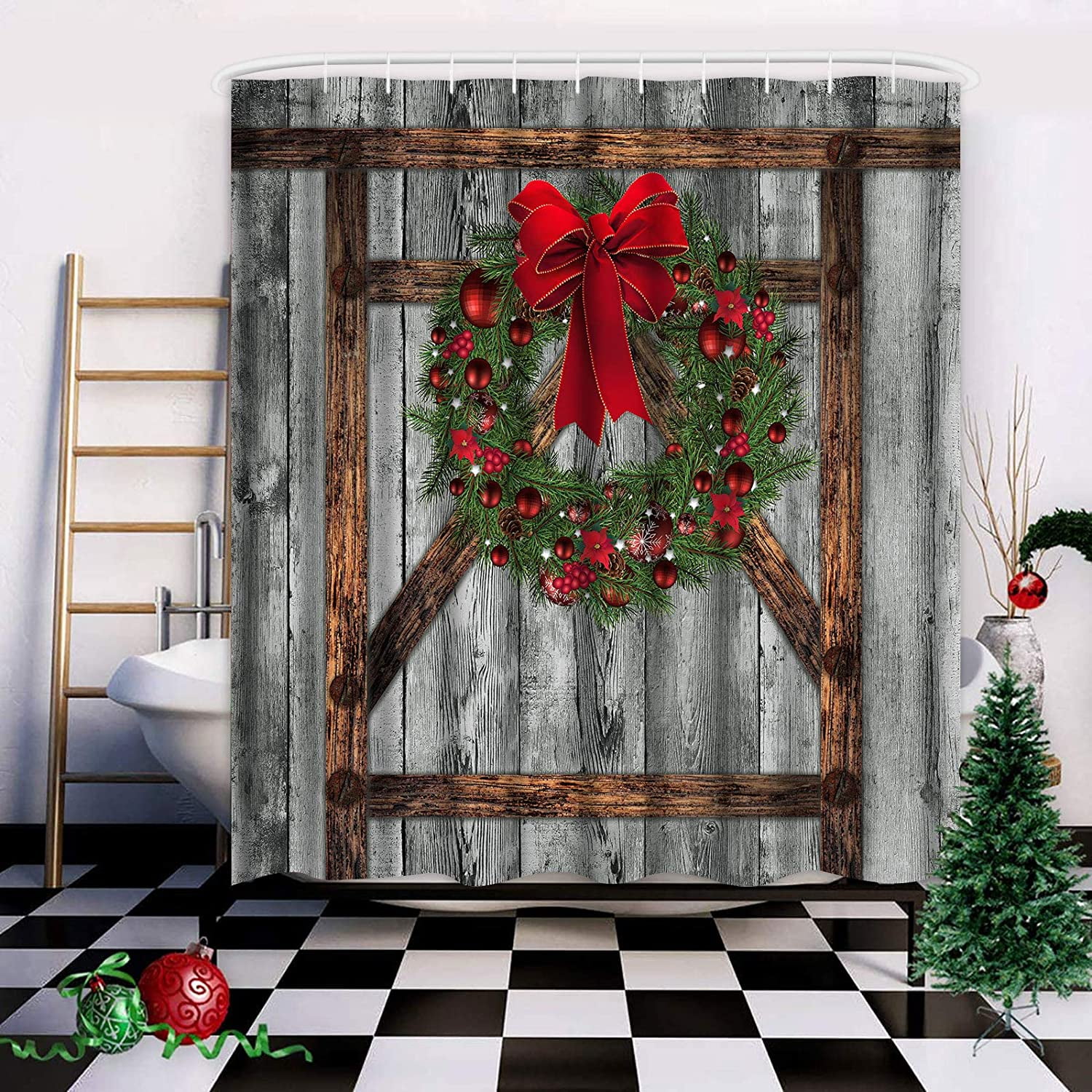 "Ikfashoni Christmas Wreath Shower Curtain Set, Waterproof, Rustic Gray