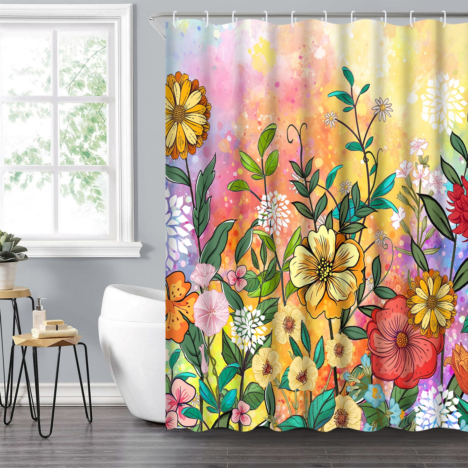 Ikfashoni Colorful Floral Shower Curtain, Boho Spring Flower Fabric