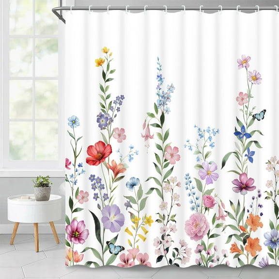 Ikfashoni Colorful Flowers Shower Curtain with Hooks,13pc Waterproof Fabric Bathroom Curtain, 72"X72"