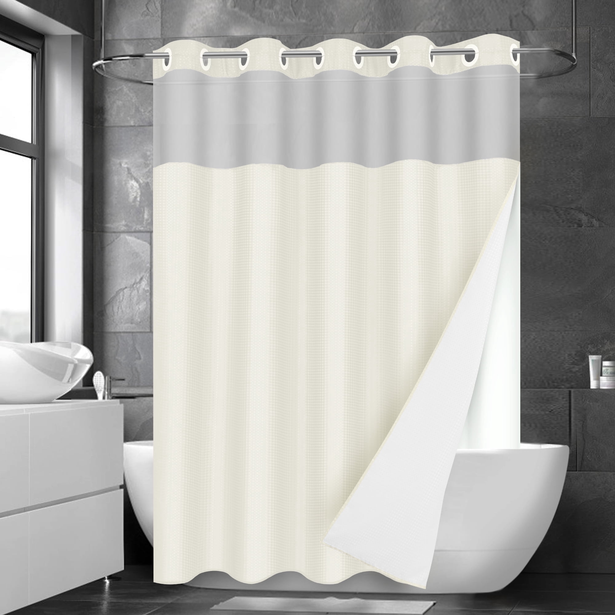 Ikfashoni Cream Hookless Shower Curtain with Snap in Liner,Waffle Weave Waterproof Fabric Mesh Window Bathroom Curtain,72"X74"