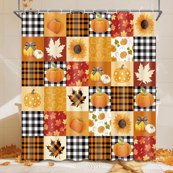 Ikfashoni Fall Shower Curtain with Hooks, Thanksgiving Buffalo Plaid Pumpkin Waterproof Bathroom Curtains, 72"X72"