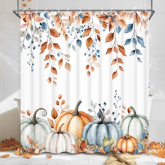 Ikfashoni Fall Shower Curtain with Hooks, Orange Pumpkin Leaves Waterproof Bathroom Curtains, 72"X72"