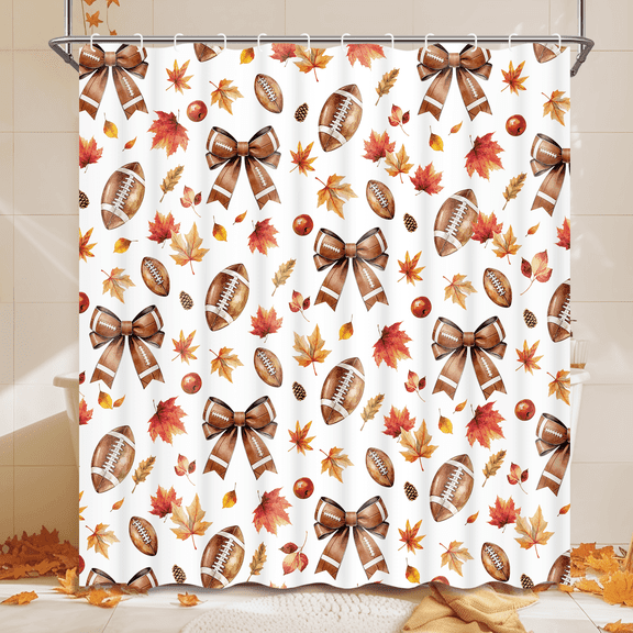 Ikfashoni Fall Football Shower Curtain with Hooks, Orange Leaves Bows Waterproof Bathroom Curtains, 72"X72"