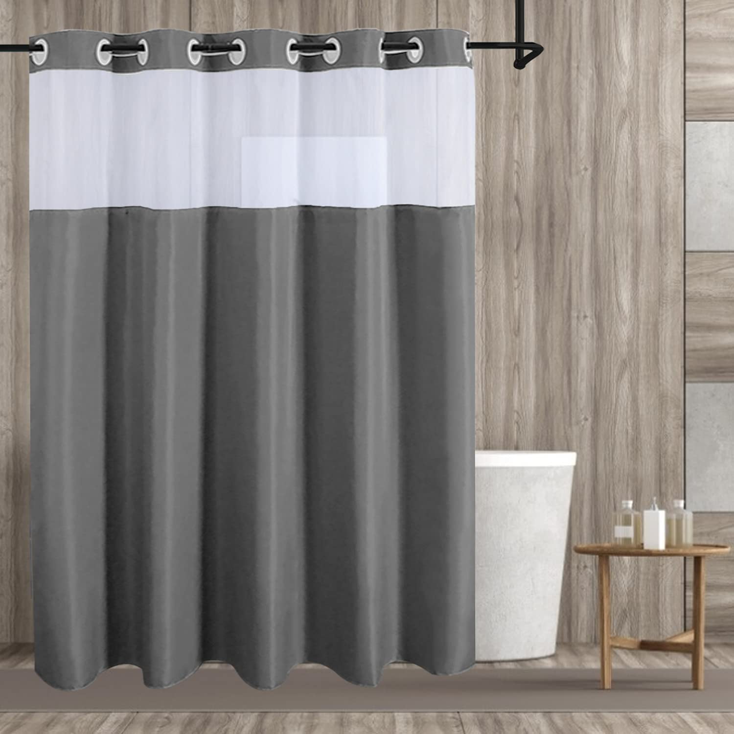 Ikfashoni Gray Hookless Shower Curtain with Snap in Liner, Mesh Window