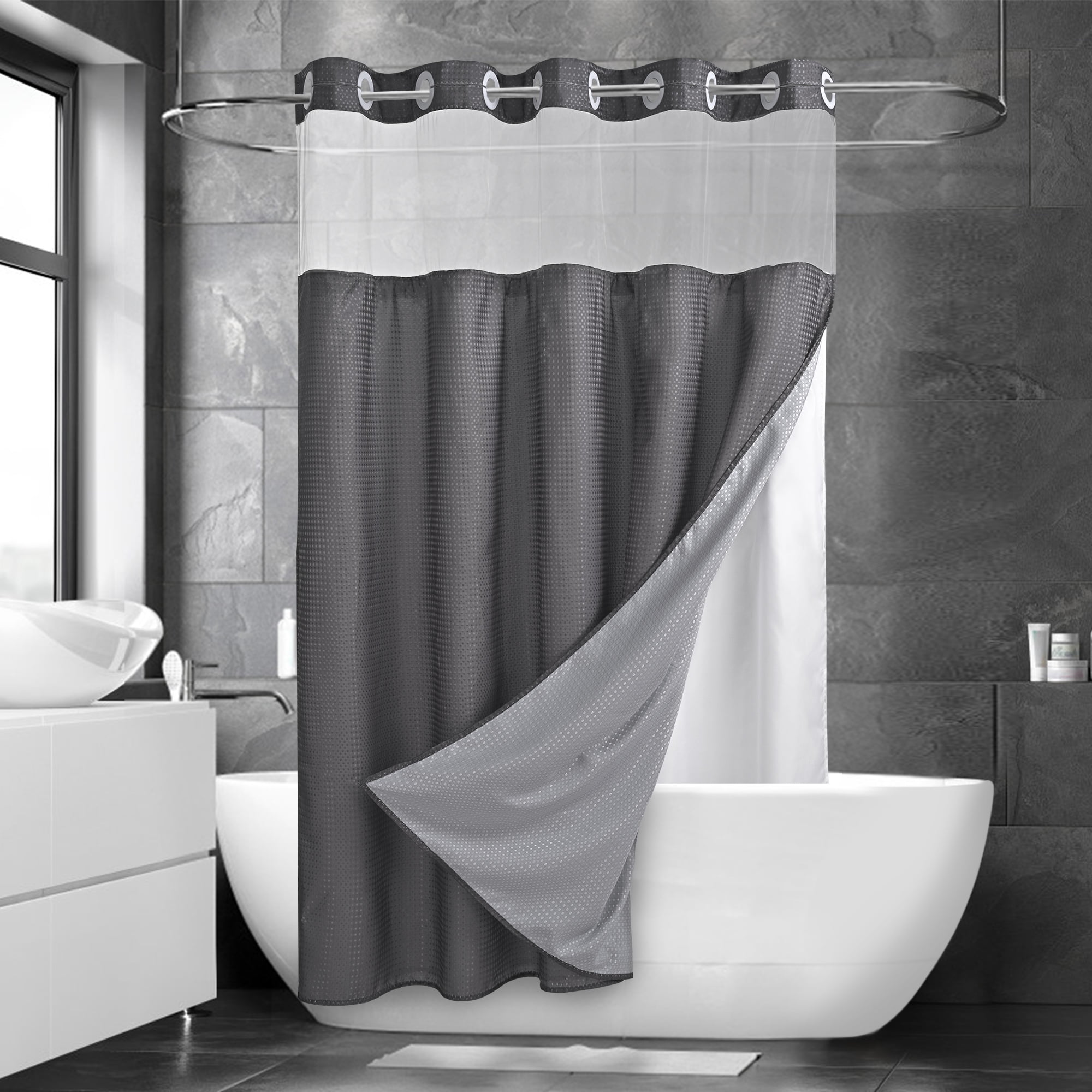 https://i5.walmartimages.com/seo/Ikfashoni-Gray-Hookless-Shower-Curtain-with-Snap-in-Liner-Waffle-Weave-Waterproof-Fabric-Mesh-Window-Bathroom-Curtain-72-X72_fdf88425-ea4c-4fa0-9108-cfad6525f311.8b1c58b22797858f9882b44336ead4c0.jpeg