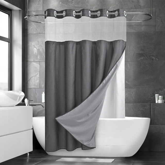 "Ikfashoni Gray Hookless Shower Curtain with Snapin Liner, Waterproof Waffle Weave Fabric, 72