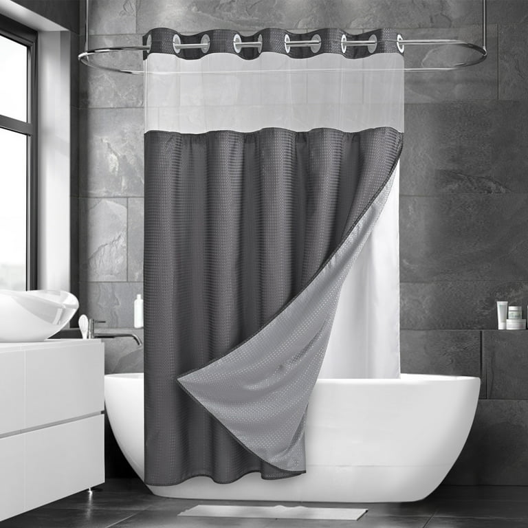 No Hook Grey Shower Curtain with Snap in Fabric Liner Set - Hotel Style  with See Through Mesh Top Window, Modern Geometric Waterdrop