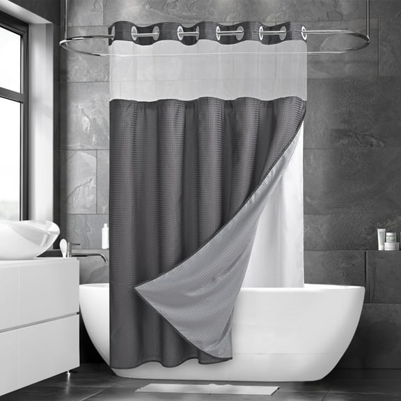 Ikfashoni Gray Hookless Shower Curtain with Snap in Liner, Waffle Weave Waterproof Fabric Mesh Window Bathroom Curtain, 72"X74"