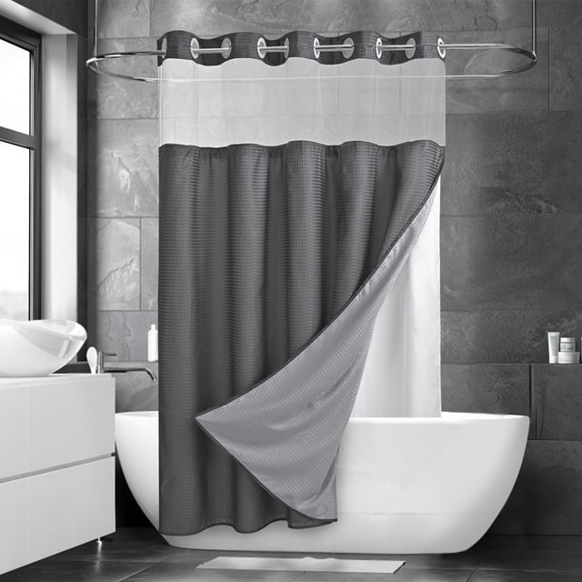 Ikfashoni Gray Hookless Shower Curtain with Snap in Liner, Waffle Weave Waterproof Fabric Mesh Window Bathroom Curtain, 72"X74"