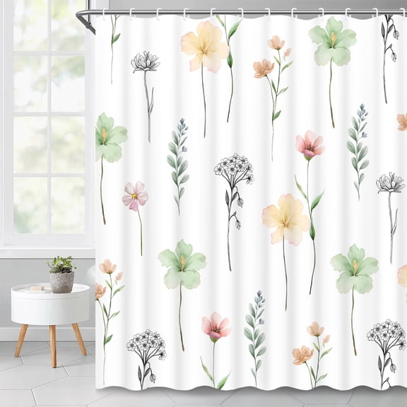 Ikfashoni Green Flowers Shower Curtain with Hooks,13pc Waterproof Fabric Bathroom Curtain, 72"X72"