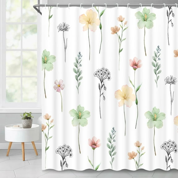 Ikfashoni Green Flowers Shower Curtain with Hooks,13pc Waterproof Fabric Bathroom Curtain, 72"X72"