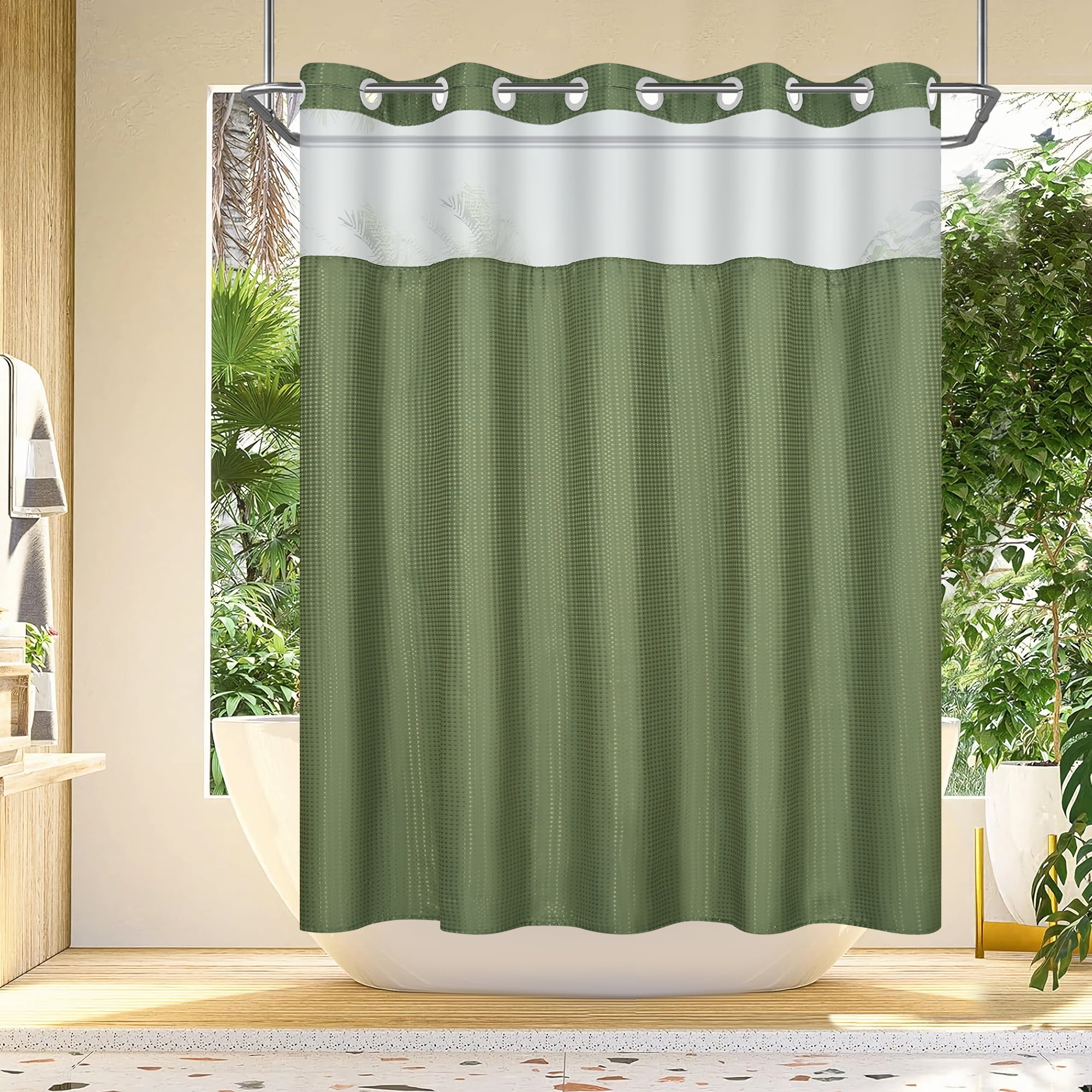 Ikfashoni Green Hookless Shower Curtain with Snap in Liner, Waffle