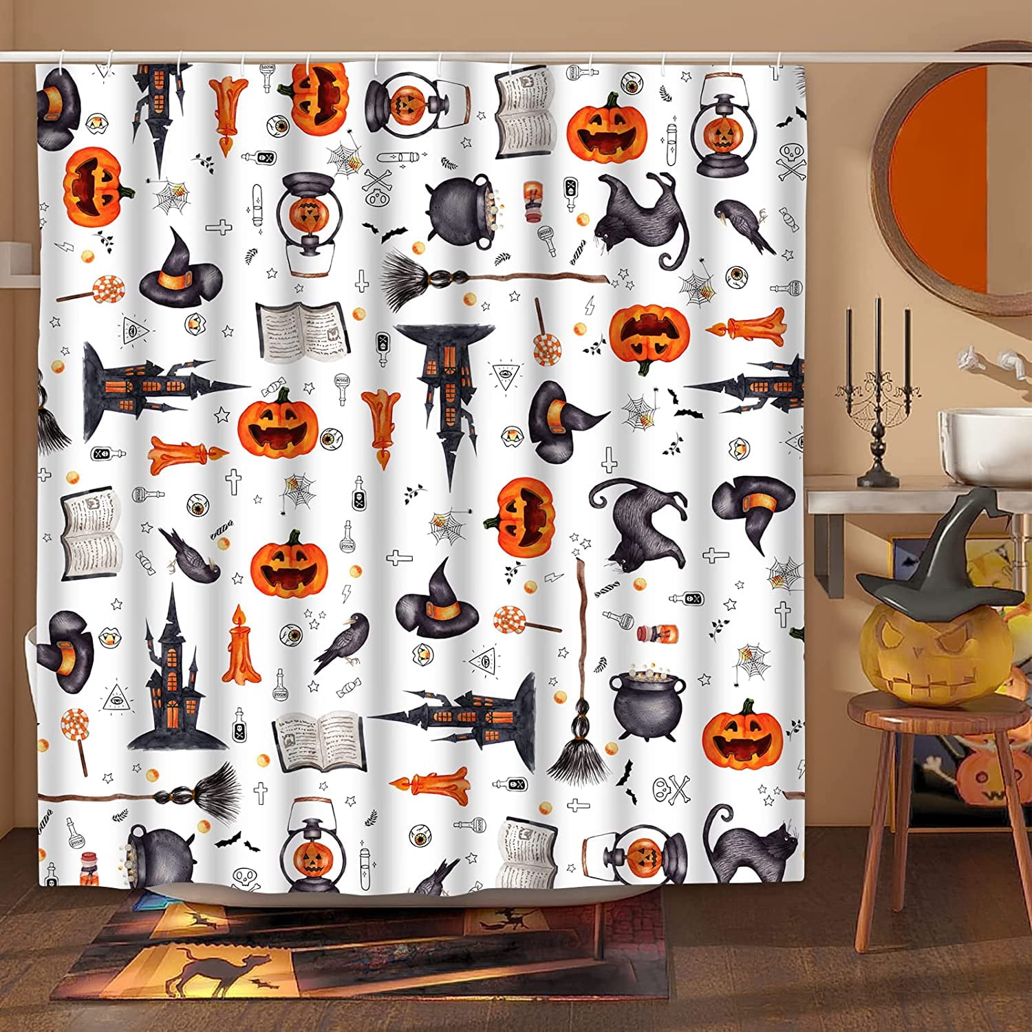 Ikfashoni Halloween Pumpkin Shower Curtain,Witch Black Cat Spider Web ...