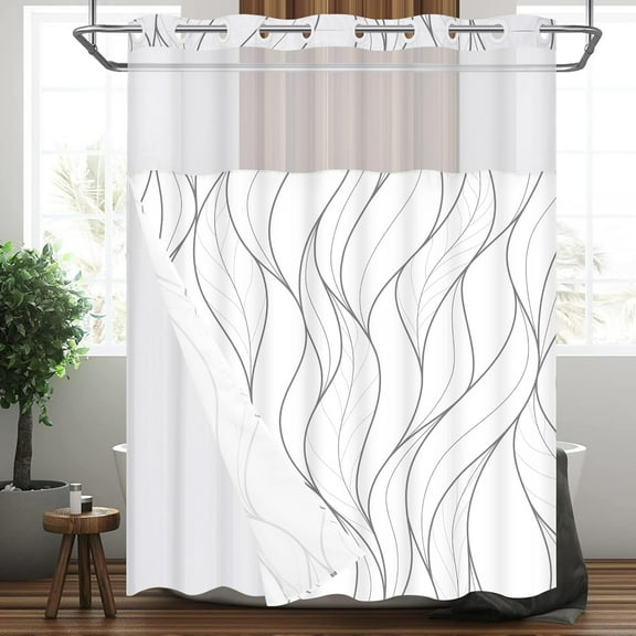 Ikfashoni Hookless Fabric Shower Curtain with Snap in Liner, Gray Striped No Hook Waterproof Fabric Sheer Window Bath Curtain, 71"X74"