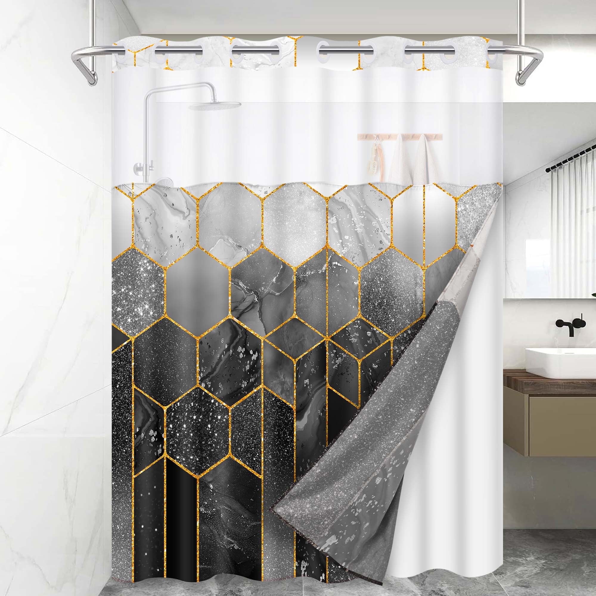 Ikfashoni Hookless Fabric Shower Curtain with Snap in Liner,Hexagon ...