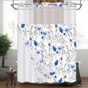 Ikfashoni Hookless Shower Curtain with Snap in Liner, Blue Floral Waterproof Fabric Sheer Window Bathroom Curtain, 71"X74"