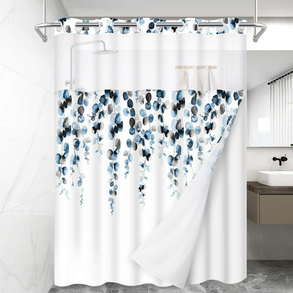 Ikfashoni Hookless Shower Curtain with Snap in Liner, Blue Leaves No Hook Waterproof Bath Curtain, 71"X74"