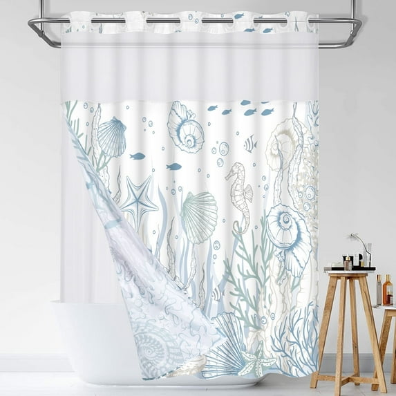 Ikfashoni Hookless Shower Curtain with Snap in Liner, Blue Seashell Waterproof Fabric Mesh Window Bath Curtain, 71"X74"