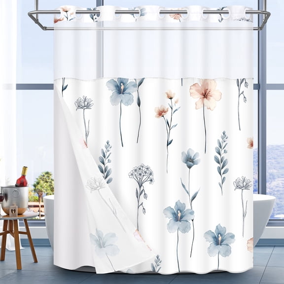 Ikfashoni Hookless Shower Curtain with Snap in Liner, Blue Watercolor Flowers No Hook Waterproof Bath Curtain, 71"X74"