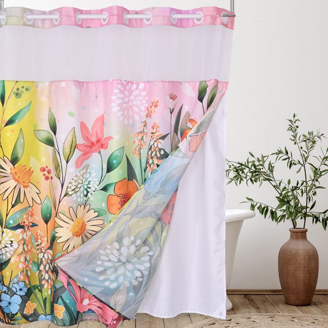 Ikfashoni Hookless Shower Curtain with Snap in Liner, Boho Flower