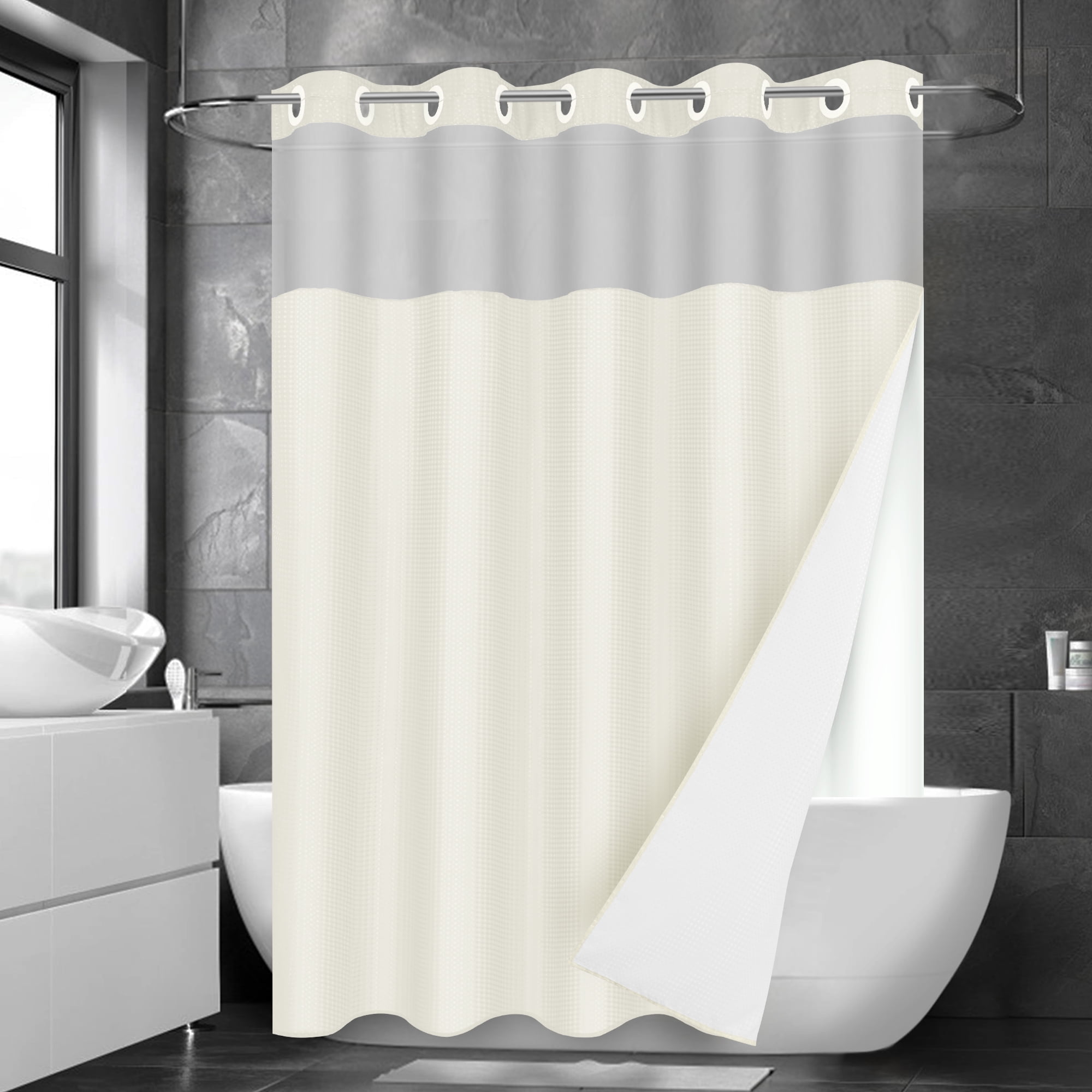 Ikfashoni Hookless Shower Curtain with Snap in Liner,Cream Waffle Weave ...