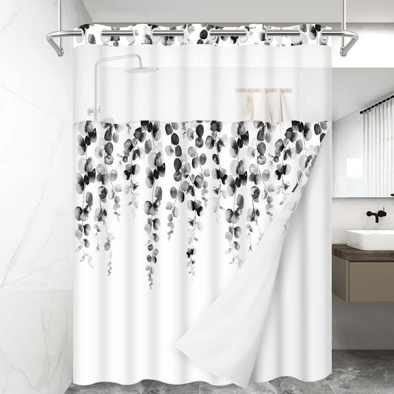 Ikfashoni Hookless Shower Curtain with Snap in Liner, Gray Eucalyptus No Hook Waterproof Bath Curtain, 71"X74"