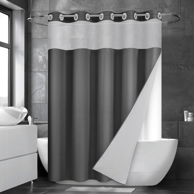 Ikfashoni Hookless Shower Curtain with Snap in Liner,Gray Waffle Weave Waterproof Fabric Mesh