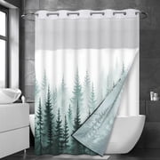 Ikfashoni Hookless Shower Curtain with Snap in Liner, Green Forests No Hook Waterproof Bath Curtain, 71"X74"